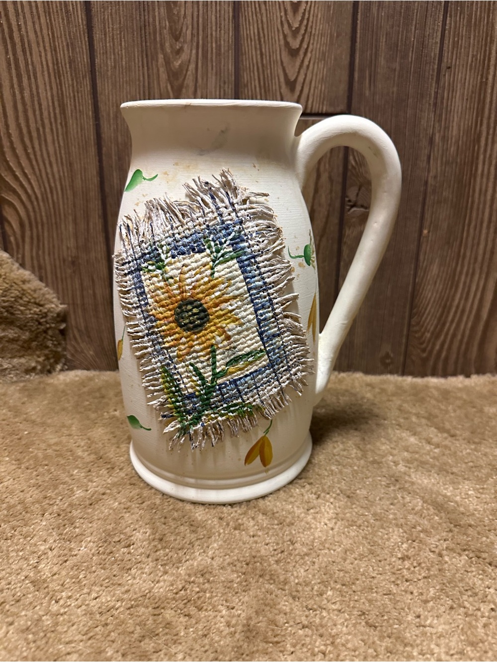 Vintage Hosley Pottery Ceramic Sunflower Pitcher - Rustic Country Farmhouse Jug
